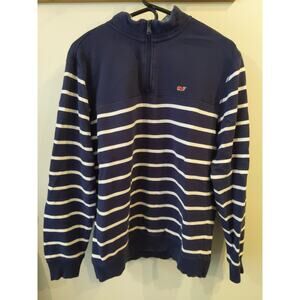 Vineyard Vines Men's Medium 1/4 Zip Sweatshirt Striped Mock Neck Logo Navy White